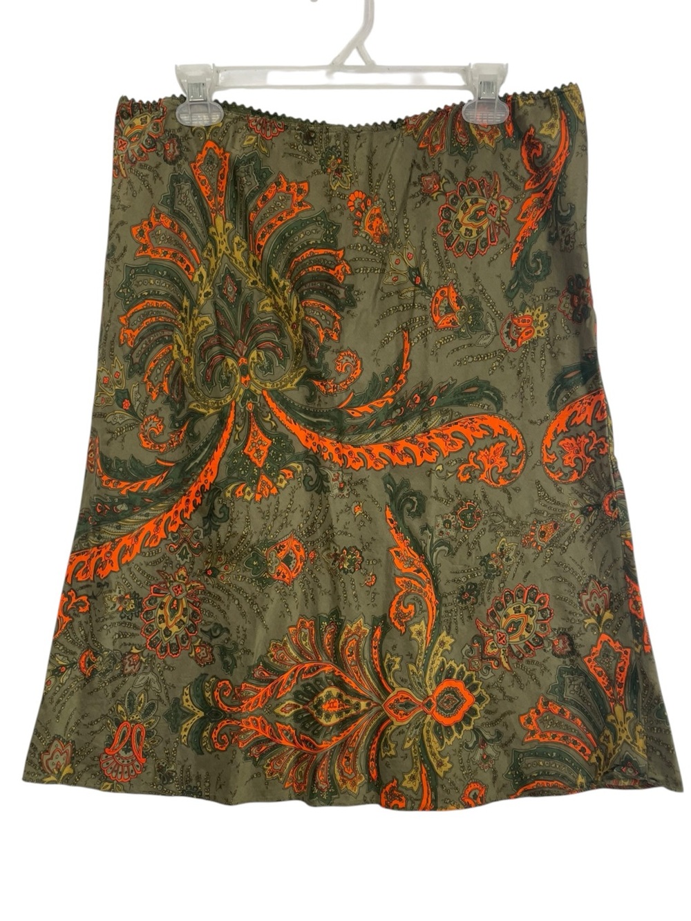 NY&Co. 100% Silk Midi Skirt Paisley 90s Olive Boho Earthtone Witchy LG Grunge - Picture 2 of 13